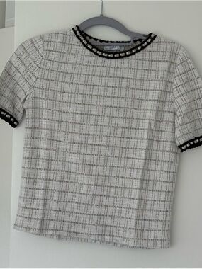 ZARA Trafaluc Cream Tweed Short Sleeve Top with Decorative Trim